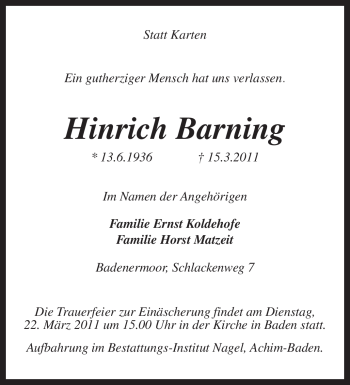 Traueranzeige von Hinrich Barning von KREISZEITUNG SYKE