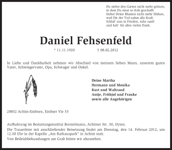 Traueranzeige von Daniel Fehsenfeld von KREISZEITUNG SYKE