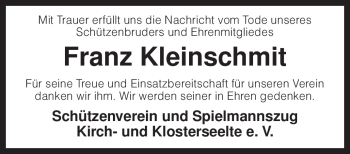 Traueranzeige von Franz Kleinschmit von KREISZEITUNG SYKE