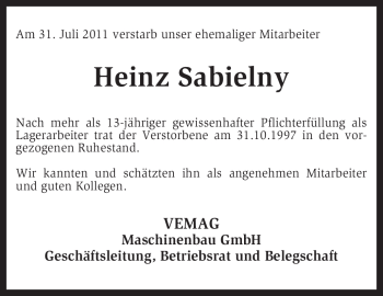 Traueranzeige von Heinz Sabielny von KREISZEITUNG SYKE