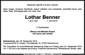 Traueranzeige von Lothar Benner von KREISZEITUNG SYKE