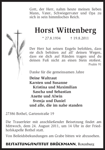 Traueranzeige von Horst Wittenberg von KREISZEITUNG SYKE