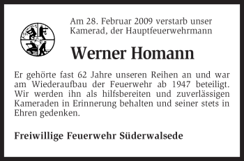 Traueranzeige von Werner Homann von KREISZEITUNG SYKE