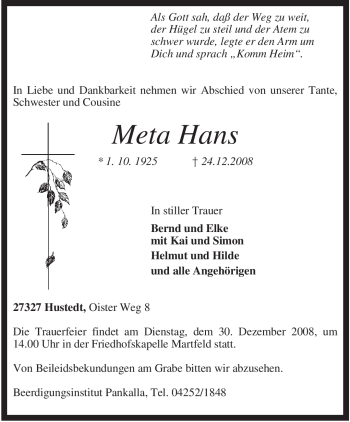 Traueranzeige von Meta Hans von KREISZEITUNG SYKE