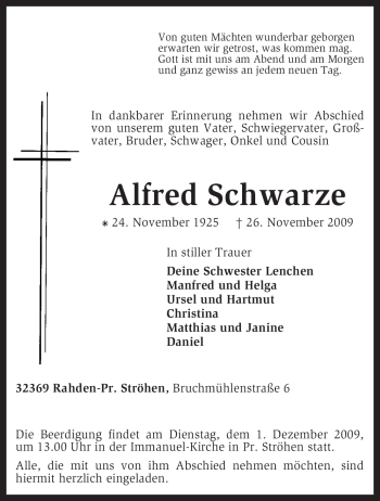 Traueranzeige von Alfred Schwarze von KREISZEITUNG SYKE