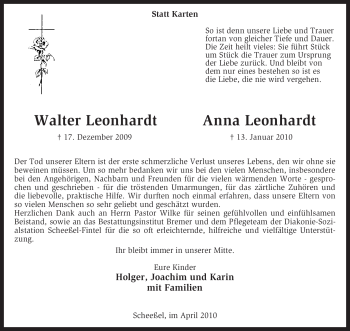 Traueranzeige von Anna Leonhardt von KREISZEITUNG SYKE