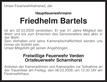 Traueranzeige von Friedhelm Bartels von KREISZEITUNG SYKE