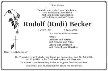 Traueranzeige von Rudolf Becker von KREISZEITUNG SYKE