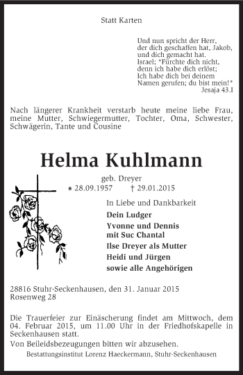 Traueranzeige von Helma Kuhlmann von KRZ