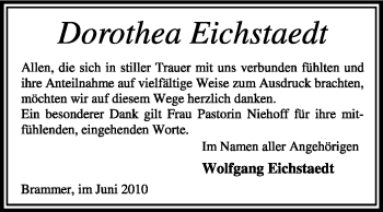 Traueranzeige von Dorothea Eichstaedt von KREISZEITUNG SYKE