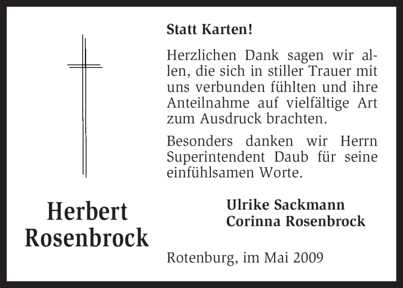  Traueranzeige für Herbert Rosenbrock vom 19.05.2009 aus KREISZEITUNG SYKE