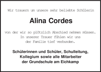 Traueranzeige von Alina Cordes von KREISZEITUNG SYKE