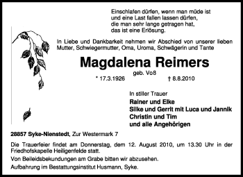 Traueranzeige von Magdalena Reimers von KREISZEITUNG SYKE