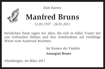 Traueranzeige von Manfred Bruns von KREISZEITUNG SYKE