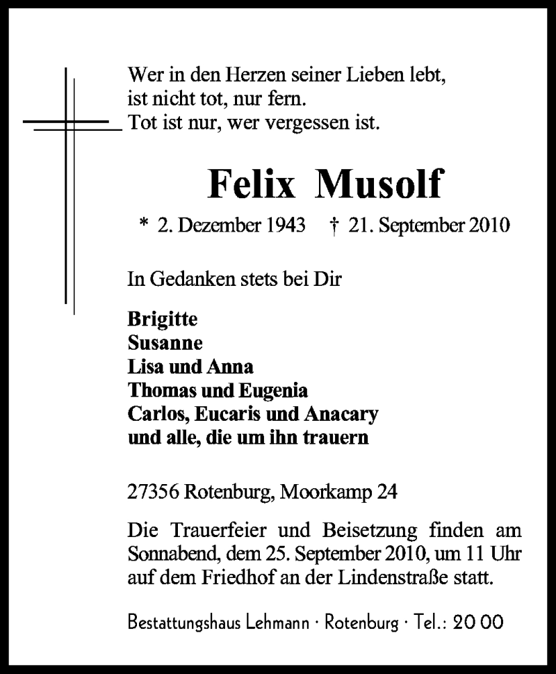  Traueranzeige für Felix Musolf vom 23.09.2010 aus KREISZEITUNG SYKE