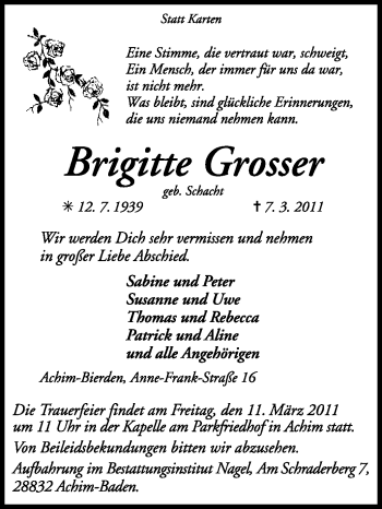 Traueranzeige von Brigitte Grosser von KREISZEITUNG SYKE