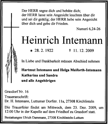 Traueranzeige von Heinrich Intemann von KREISZEITUNG SYKE