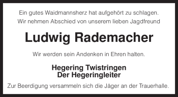 Traueranzeige von Ludwig Rademacher von KREISZEITUNG SYKE