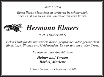 Traueranzeige von Hermann Elmers von KREISZEITUNG SYKE