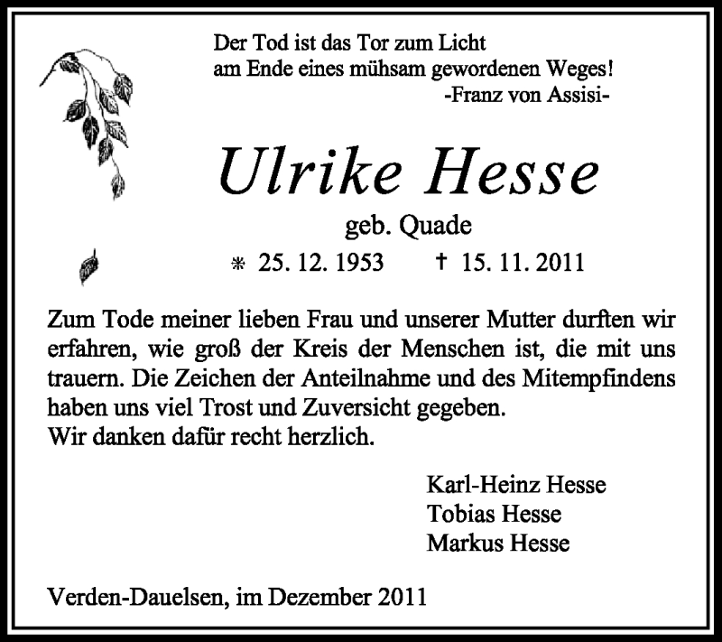  Traueranzeige für Ulrike Hesse vom 03.12.2011 aus KREISZEITUNG SYKE