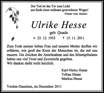 Traueranzeige von Ulrike Hesse von KREISZEITUNG SYKE