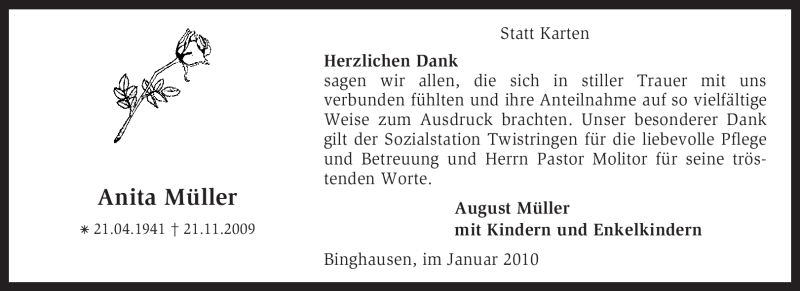  Traueranzeige für Anita Müller vom 31.12.2009 aus KREISZEITUNG SYKE