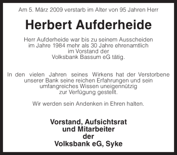 Traueranzeige von Herbert Aufderheide von KREISZEITUNG SYKE