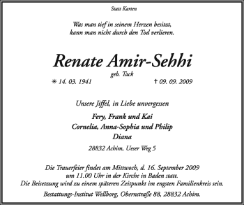 Traueranzeige von Renate Amir-Sehhi von KREISZEITUNG SYKE