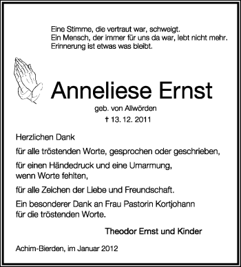 Traueranzeige von Anneliese Ernst von KREISZEITUNG SYKE