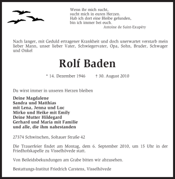 Traueranzeige von Rolf Baden von KREISZEITUNG SYKE