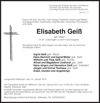 Traueranzeige von Elisabeth Geiß von KREISZEITUNG SYKE