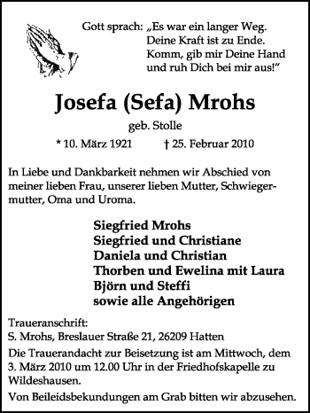 Traueranzeige von Josefa Mrohs von KREISZEITUNG SYKE