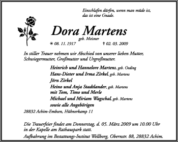 Traueranzeige von Dora Martens von KREISZEITUNG SYKE