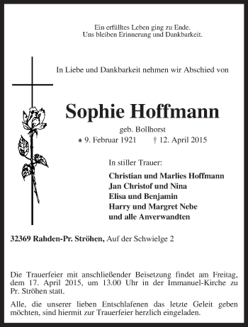 Traueranzeige von Sophie Hoffmann von KRZ