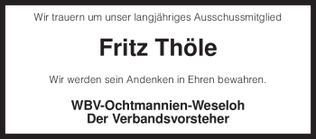 Traueranzeige von Fritz Thöle von KREISZEITUNG SYKE