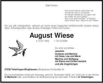 Traueranzeige von August Wiese von KREISZEITUNG SYKE