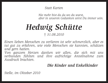 Traueranzeige von Hedwig Schütte von KREISZEITUNG SYKE