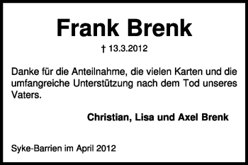 Traueranzeige von Frank Brenk von KREISZEITUNG SYKE