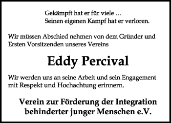 Traueranzeige von Eddy Percival von KREISZEITUNG SYKE