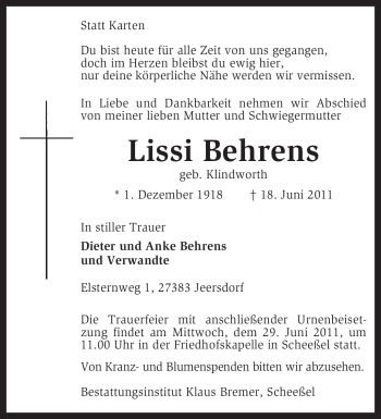 Traueranzeige von Lissi Behrens von KREISZEITUNG SYKE