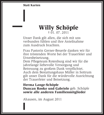 Traueranzeige von Willy Schöpfe von KREISZEITUNG SYKE