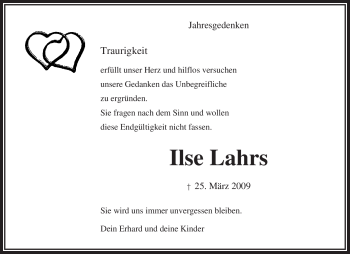 Traueranzeige von Ilse Lahrs von KREISZEITUNG SYKE