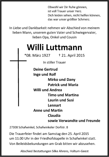 Traueranzeige von Willi Luttmann von KRZ