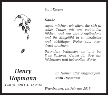 Traueranzeige von Henry Hopmann von KRZ