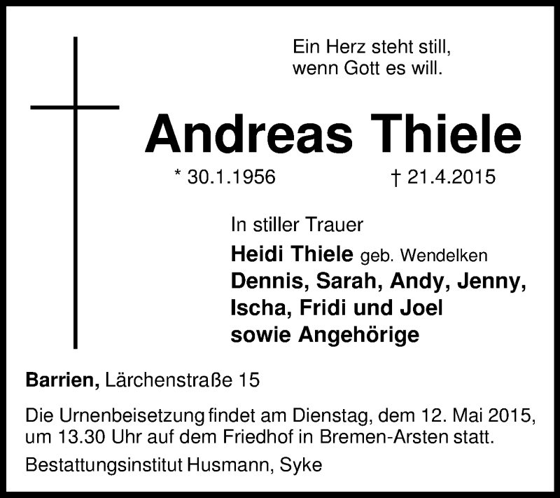  Traueranzeige für Andreas Thiele vom 05.05.2015 aus KRZ