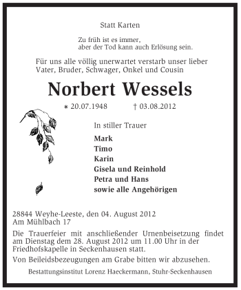 Traueranzeige von Norbert Wessels von KREISZEITUNG SYKE