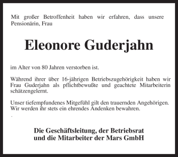 Traueranzeige von Eleonore Guderjahn von KREISZEITUNG SYKE