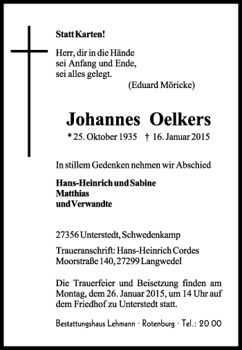 Traueranzeige von Johannes Oelkers von KRZ