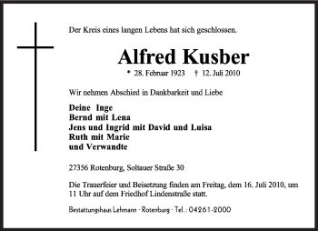 Traueranzeige von Alfred Kusber von KREISZEITUNG SYKE
