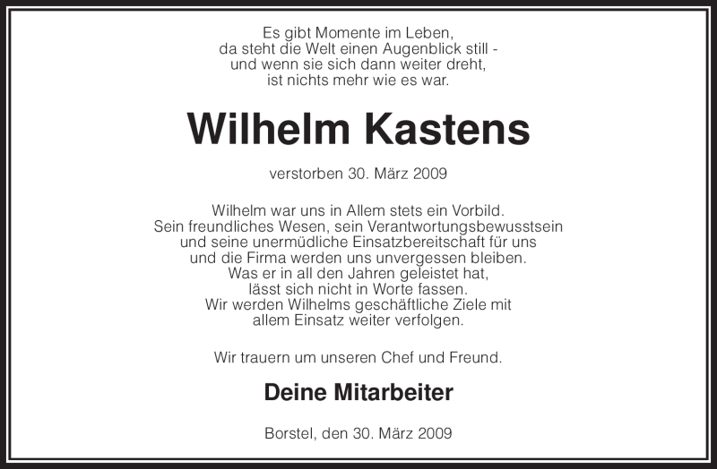  Traueranzeige für Wilhelm Kastens vom 02.04.2009 aus KREISZEITUNG SYKE